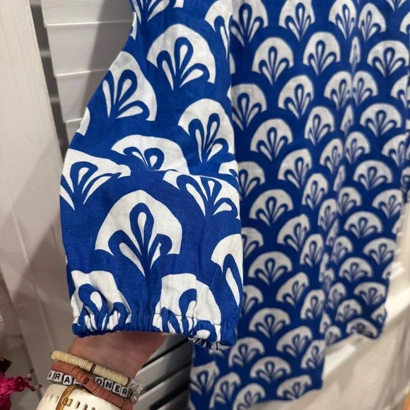 NEW Boden Blue & White Geometric Print Linen Tunic V Neck Dress‎ Sz 12R *No Belt - Picture 3 of 11